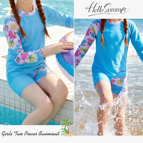 Image of Girls Swimsuit Two Piece Rash Guard Set for 4-14 Years UPF 50+ UV Protective Long Sleeve Swimwear