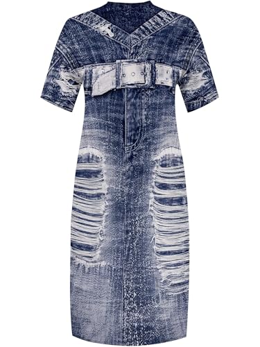 Image of SUZONANA Plus Size Denim Print Maxi Dresses for Women Casual V Neck Short Sleeve with Pockets Soft Jean Look Dress XL-6XL