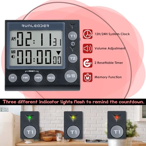 NInE-ROnG 2-Channel Countdown Countup Timer with 12H/24H Clock Kitchen Magnetic Timer Digital Minute/Second Timer Desk Clock Electric Clock Stopwatch Timer for Cooking Meeting(Black) - Image 4