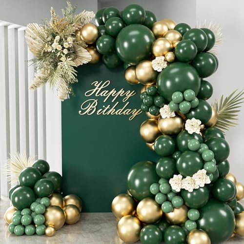 Image of Green and Gold Balloon Arch Kit, Dark Emerald Green Hunter Forest Sage Green Metallic Gold Balloon Garland kit, 18 12 10 5 Inch Balloons for Birthday Wedding Jungle Safari Party Decorations