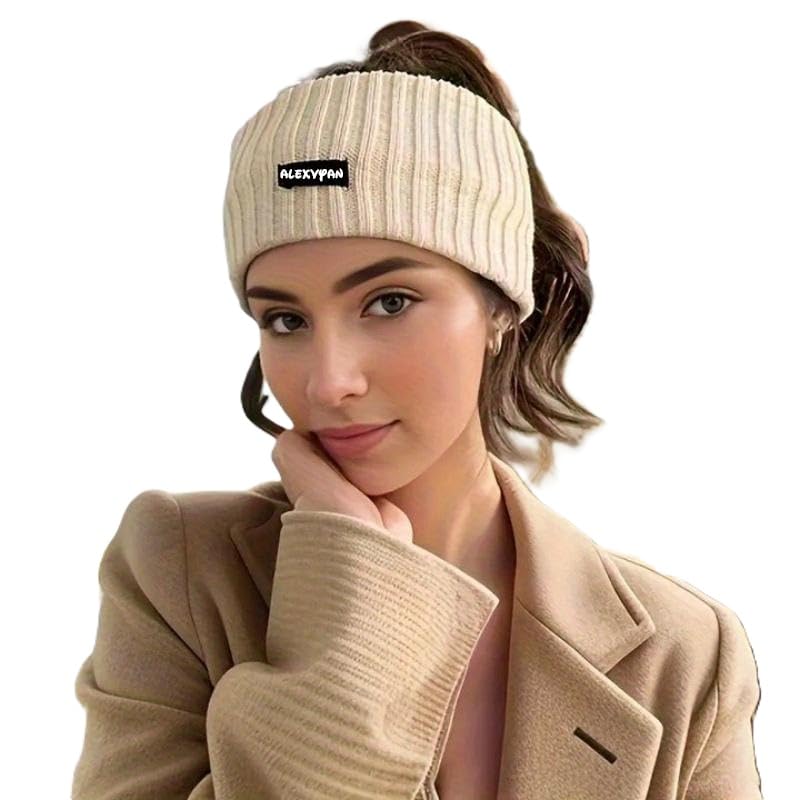 alexvyan Off White Knitted Lining Sporty Winter Head Warmer Headbands for Women Wool, Ear Warmers Headband Knitted Thick Cold Weather Warm Ear Muffs Winter Protector-picture-21