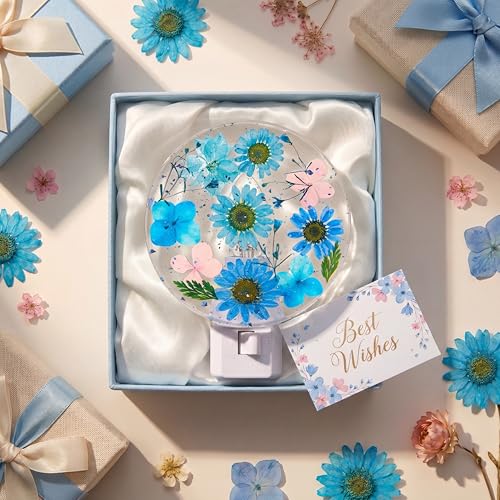 Image of Glooglitter Pressed Flower Night Light Plug in-Handmade Dried Floral Wall Night Light, Soft Glow Decorative Nightlight for Hallway Bedroom Nursery Bathroom, Vintage Botanical(Blue,Flower)