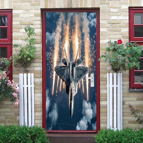 Sticker de porte 90x200 cm avion de combat moderne décoratif 3D