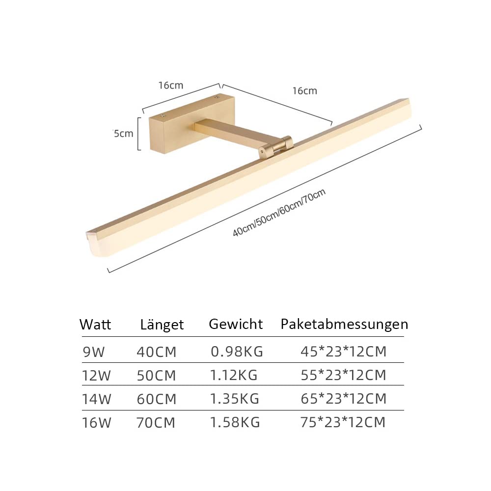 Lámpara de pared LED para espejo de baño, luz blanca cálida, 180°, moderna, 3000 K, color dorado, 60 cm