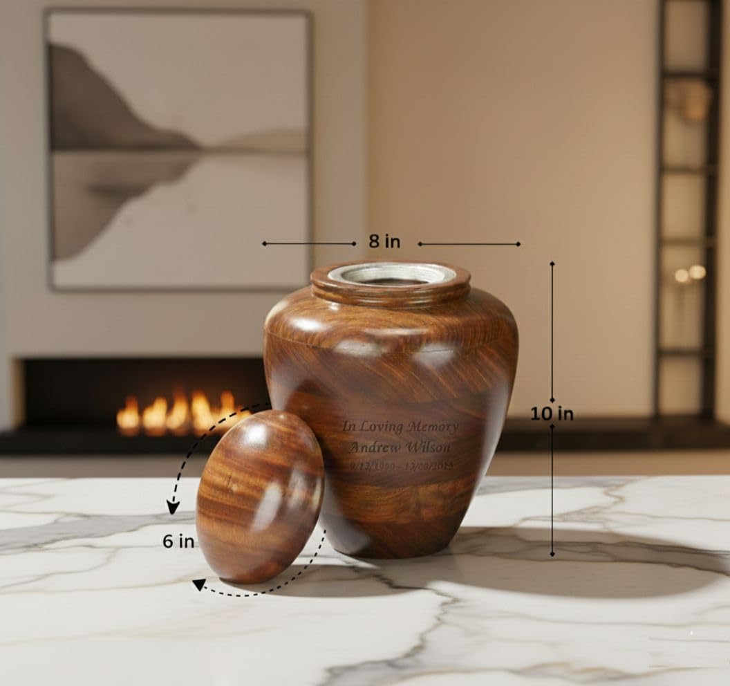Personalized Round Cremation Urn for Human Ashes | Custom Engraved Wooden Memorial Urn | Handcrafted Funeral Keepsake Urn (Brown)