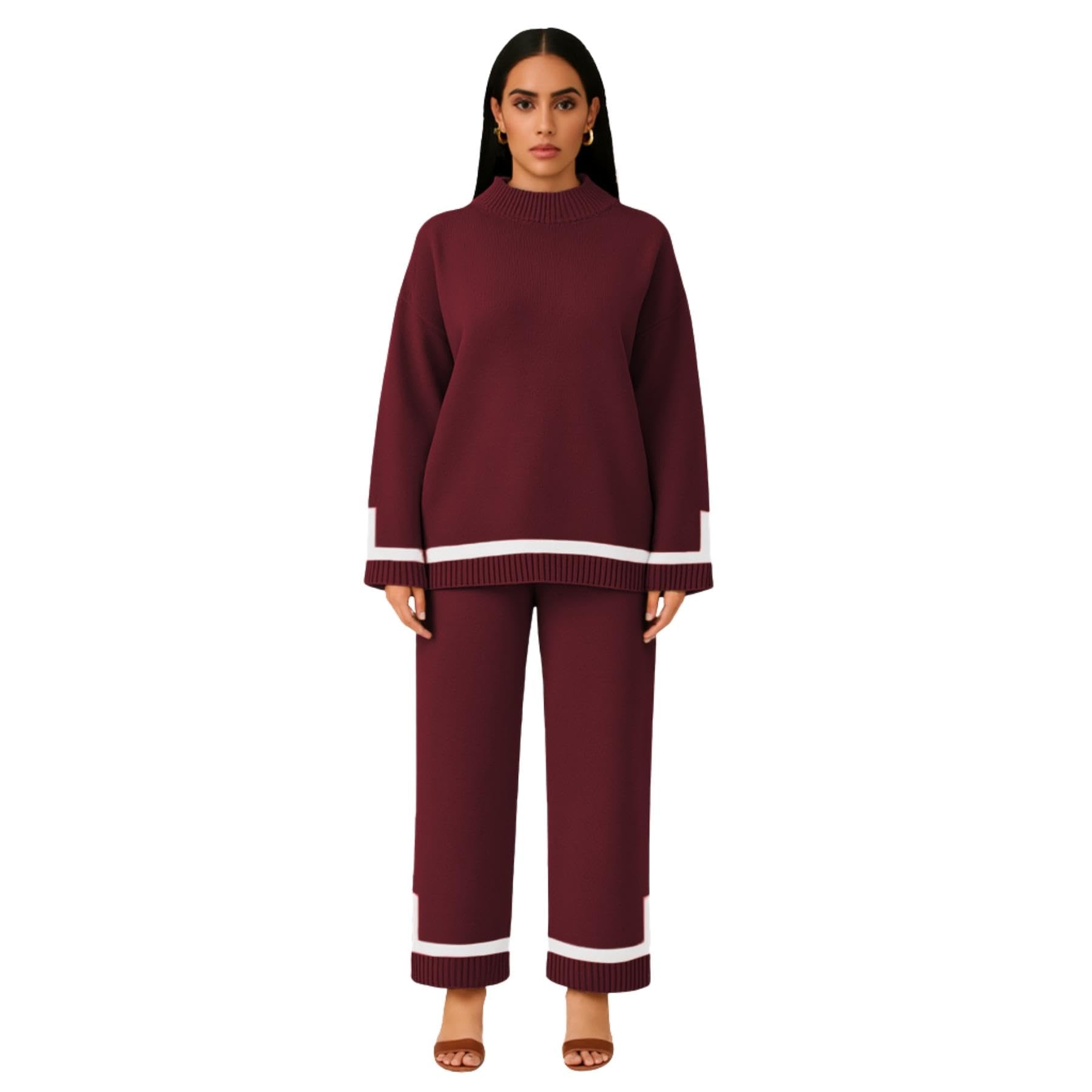 janisramone Set da donna in maglia Co Ord, maglione girocollo a maniche lunghe con pantaloni larghi in vita elasticizzata, set da 2 pezzi per il tempo libero da donna, elegante tuta da donna