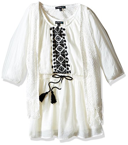 My Michelle Girls' Big Peasant Dress with Drawstring Tassel Waist, Embroidery and Fringed Vest