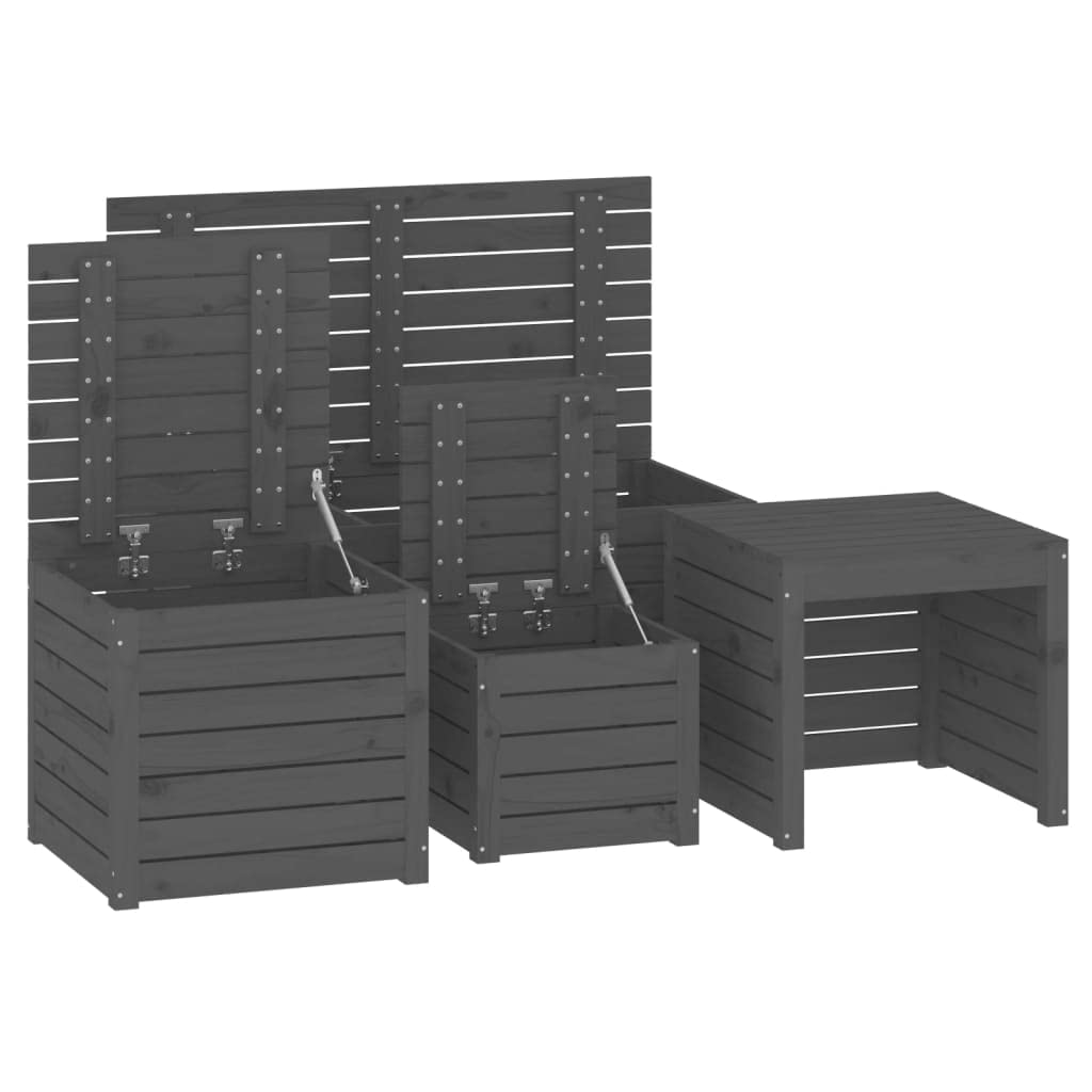 Set di 4 scatole da giardino in legno di pino massiccio grigio, contenitore esterno con coperchio per giocattoli e attrezzi, grande capacità di stoccaggio per cuscini
