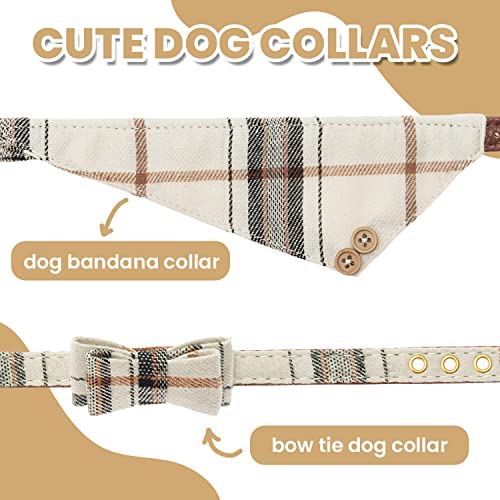 Tukoaw Leather Small Dog Collar And Leash Set - Plaid Bow Tie & Bandana Cute Dog Collar - Adjustable Pet Collars With Walking Leash For Small Dog Puppy Cat #TOP2