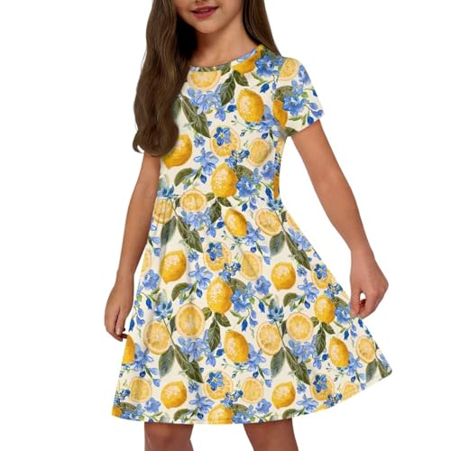 Image of Girls Dress with Pockets Basic Short Sleeve High Waist Swing Skater Dress School Party Dress for Kids