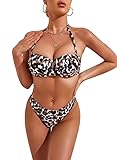 Dokotoo Womens Fashion 2023 Ladies Sexy Brazilian Padded Push Up Bandeau Bikini Set Halter Bathing Suits 2 Pieces with Triangle Swim Bottom Swimsuit Swimwear Leopard Medium