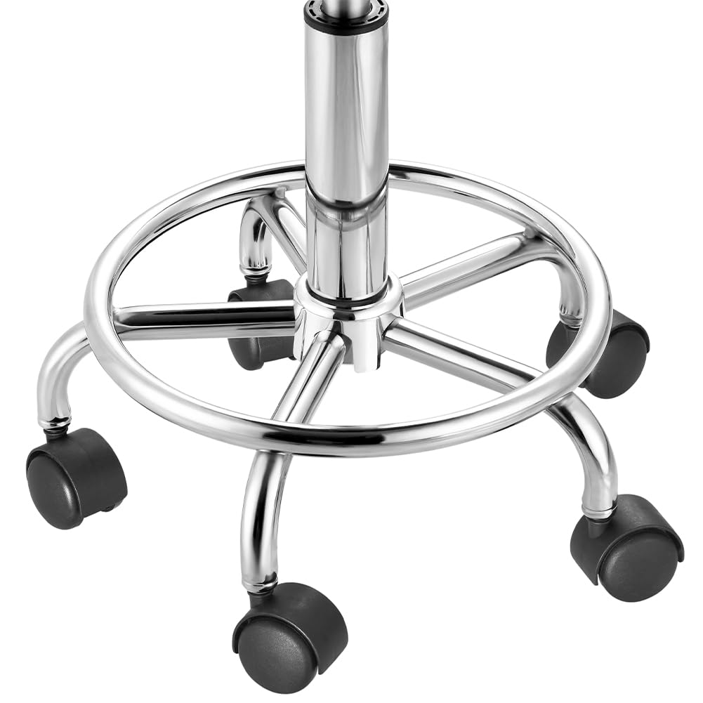BAKAJI Taburete con Ruedas, Asiento Acolchado y Respaldo bajo de Piel sintética, Base con reposapiés de Acero Giratorio 360°, Altura Ajustable, Ideal para Esteticista, Cocina, restaurantes, (Blanco)