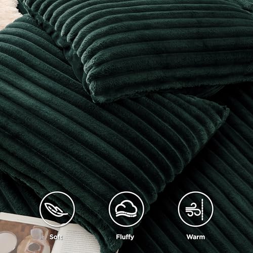 Bedsure Fluffy Duvet Cover Set - Ultra Soft Plush Shaggy Comforter Cover Queen Size, Warm Flannel Fleece Bed Sets for Winter, 3 Pieces (Striped Pattern, Forest Green)
