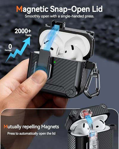 Image of Dual Safety Lock for AirPods 4 Case 2024, Compatible with MagSafe - Designed with Automatic Switch and Phone Stand, Includes a Cleaner & Keychain - Rugged Tough Hard Shell for Apple AirPods 4
