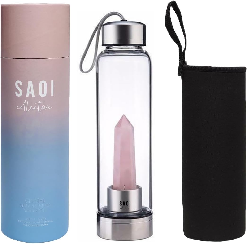 Crystal Water Bottle - Rose Quartz Gemstone Infused Elixir - Natural Wellness Healing - Glass/Stainless Steel