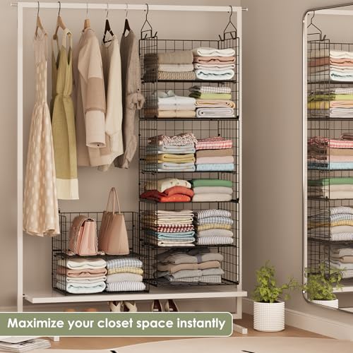 Image of Hanging Closet Organizer and Storage - 8 Tier Closet Hanging Organizer Shelves, Metal & Foldable Hanging Storage Organizer Baskets with Adjustable Dividers for Clothing Sweaters Shoes Handbags