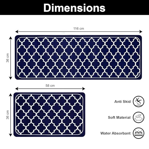 Image of Luxe Home Kitchen Mat Combo Quatrefoil Design Standing Desk Floor Mat Non Slip Kitchen Rugs, Comfort Runner Floor for Home Office, Sink & Laundry - Blue (116x36 & 58x36 cm PC-2)