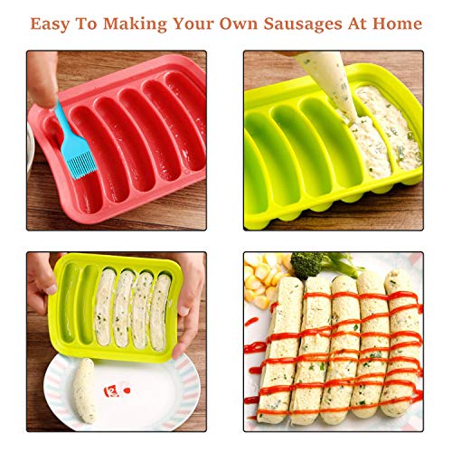 Akamino Silicone Baking Mold with Brush Non-Stick Silicone Sausage Mold for Microwave DIY Homemade Hot Dogs Red&Green - 2 Pack