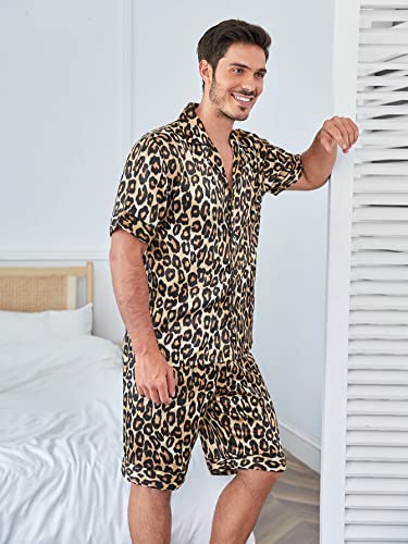 OYOANGLE Men's 2 Piece Leopard Print Stain Short Sleeve Button Front Shirt and Shorts Pajama Set4