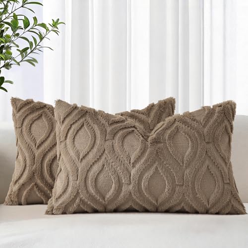 Image of decorUhome Fall Throw Pillow Covers 12x20 Inch Set of 2, Soft Plush Faux Wool Light Brown Solid Couch Pillow Covers, Accent Farmhouse Neutral Rectangle Pillow Cases for Sofa Bed Living Room