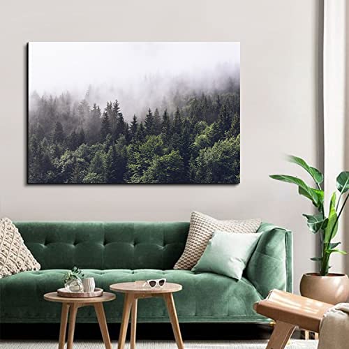 Image of Pine Tree Canvas Wall Art for Living Room Kitchen, Rustic Misty Foggy Forest Scenery Picture Wall Decor Nature Mountain Landscape Prints Poster Fall Trees Painting Modern Artwork Home Decoration 32x48 inch
