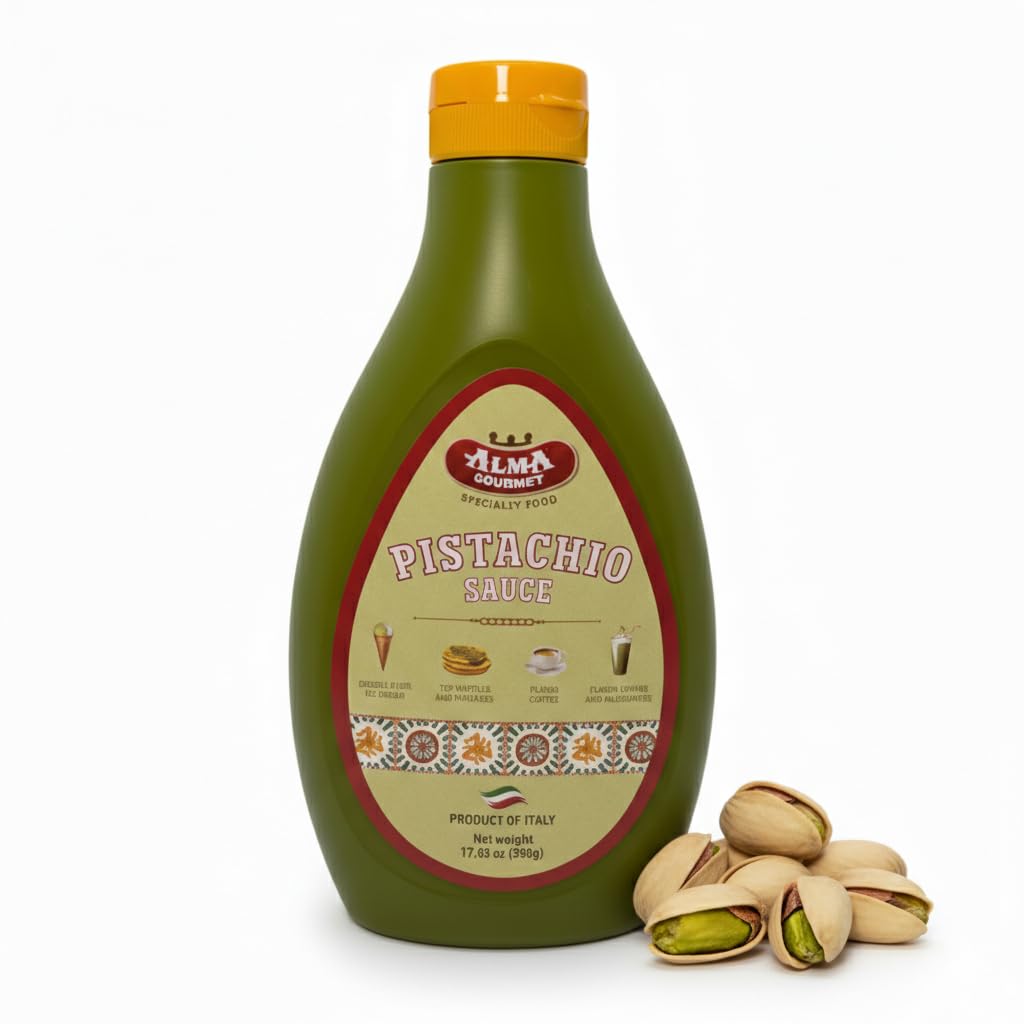 Alma Gourmet Sicilian Pistachio Sauce 17.6oz - Authentic Italian Cream Drizzle for Ice Cream, Gelato, Waffles, Lattes & Desserts | Made in Sicily