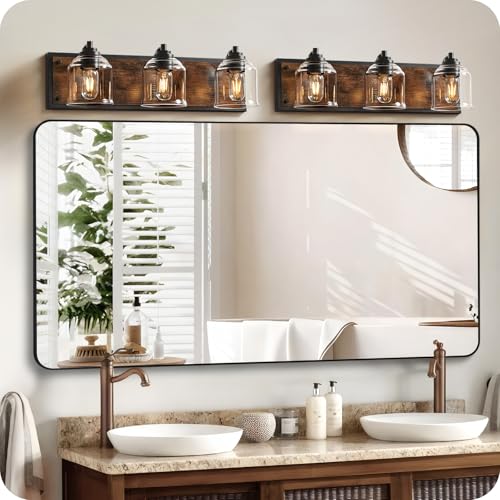 Image of 3-Light Bathroom Fixture, 23.2 inch Large Farmhouse Vanity Light, E26 Base (Bulbs Not Included), Thickened Glass Shade, for Bathroom, Bedroom, Vanity, Hallway, Rustic Brown and Black F17BD05