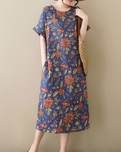 Image of LUZU JUNU Women's Summer Baggy Plus Size Loose Cotton Linen Long Boho Beach Dress with Pockets