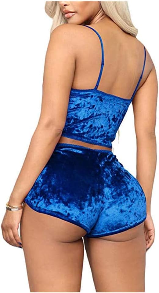 AWIBMK Women's Velvet 2 Piece Outfit Spaghetti Strap Sleeveless Crop Top Camisole and Shorts Pajamas Set Sleepwear Nightwear - Image 3