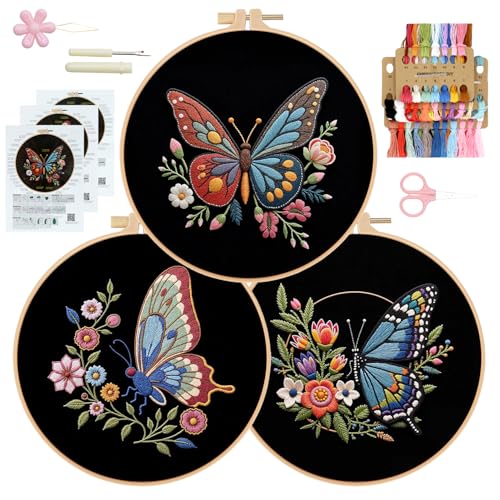 Image of RidaaFri Embroidery Kit for Beginners, 3 Pk Stamped Butterfly DIY Craft Supplies with Hoop, Needles, Floss, Video, Complete Starter Kit for Learning Embroidery, Hobby Gift
