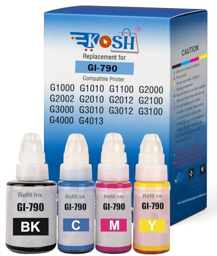 Image of KOSH GI-790 Refill Ink Compatible for Canon G Series G1000 G1010 G2000 G2002 G2010 G2012 G3000 Printers (4, Black Cyan Magenta Yellow)