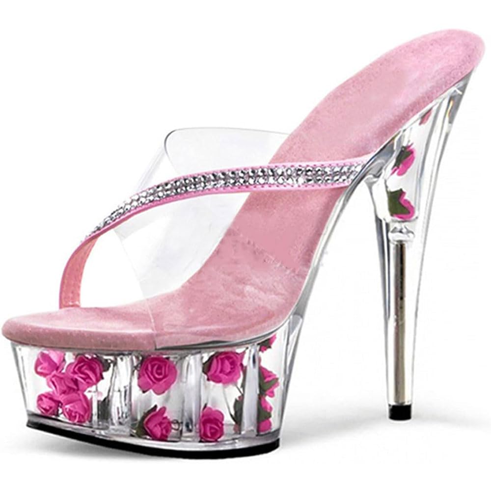 Hyfzxwx Women's D Pink Rhinestone High Heels Clear Platform Mules Sandals Sexy Stripper Club Pole Ance Wedding Ress Party Shoes Large Size /D/35Eu