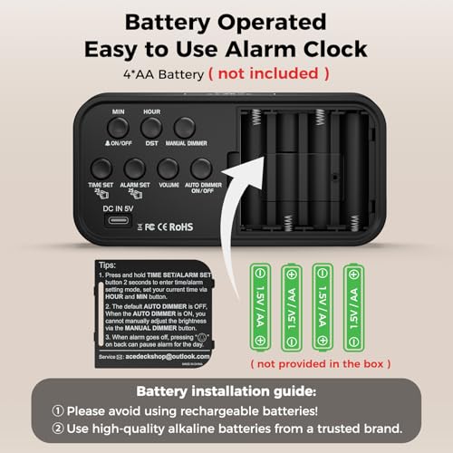 Image of Acedeck Battery Operated Digital Clock: Cordless Small Alarm Clock for Bedroom Travel - Large Numbers 4 Dimmers for All Ages Blue Digits