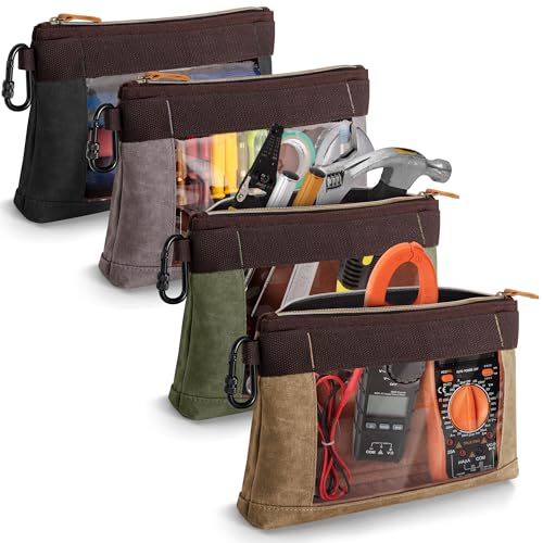 Marscamd 4 Pack Heavy Duty Tool Pouch with Carabiner, 12” Canvas Tool Pouch Bag with Clear Window (4 Colors: Black, Gray, Green, Khaki) by Marscamd - Used condition - US$24.76