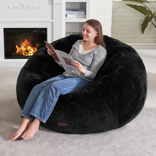 Image of Hobestluk Large Bean Bag Chair for Adults to Relax, Donut-Shaped (Black) | Special Donut Design, Memory Foam Filling, Comfortable Stuffed Sofa, Relaxing, Reading or Playing, Soft Plush Faux Fur Fabric