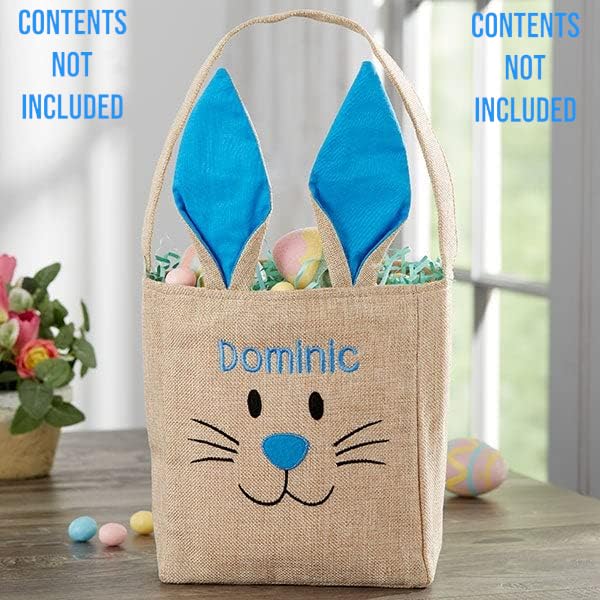 Personalization Universe Bunny Face Personalized Easter Treat Bag, Embroidered Burlap Easter Basket, Ideal for Easter Basket Stuffers, Blue & Pink Available, Easter Candy Bag with Bendable Ears- Blue