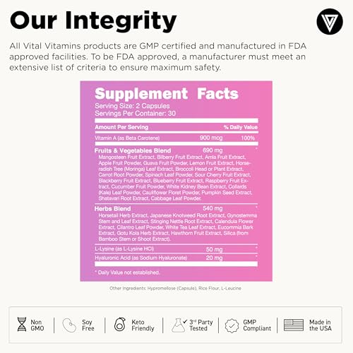 Vital Vitamins Vegan Collagen Booster - with Silica and Hyaluronic Acid - Plant-Based Collagen Supplements - Supports Hair, Skin, Nails & Joints - 60 Capsules