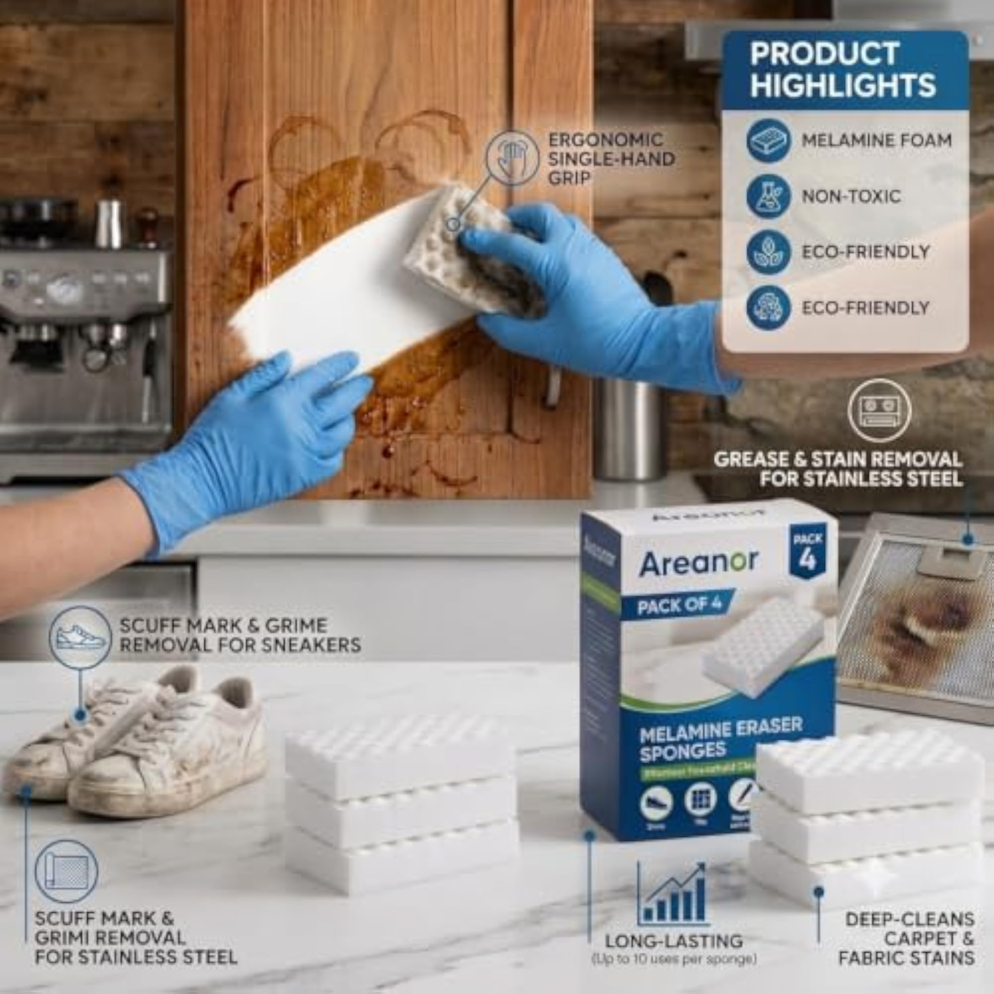 Pack of 4 Magic Eraser Sponges, No Scratch Surface Cleaner