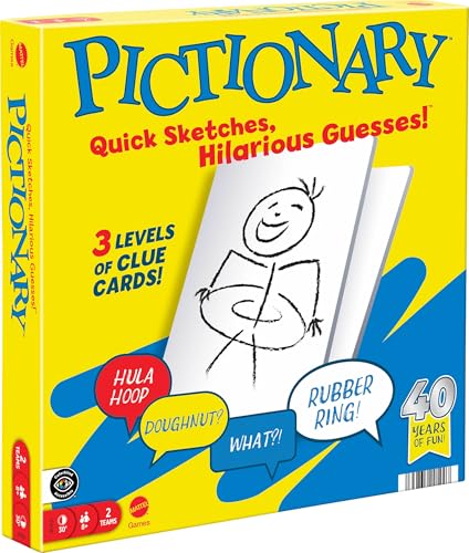 Mattel Games Pictionary JDX96 Jeu de société familial pour enfants, adultes et soirée de jeu pour 2 équipes avec marqueurs effaçables, planches et sablier