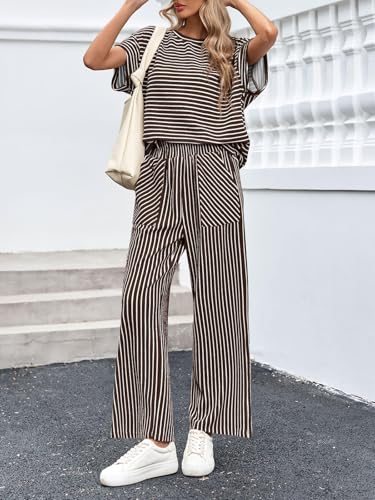Image of Tankaneo Womens Striped 2 Piece Sets Short Sleeve T Shirts Wide Leg Pants Matching Lounge Set with Pockets