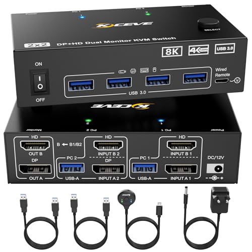 KVM Switch 2 PC 2 Monitore 8K, Displayport + HDMI USB 3.0 KVM Umschalter f&uuml;r zwei Monitore, Unterst&uuml;tzt 8K@60Hz, 4K@120Hz f&uuml;r 2 Computer, die Tastatur, Maus und Monitor teilen