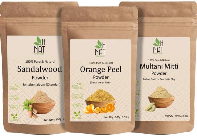 H NAT Sandalwood Powder Original (100g) + Orange Peel Powder For Skin Whitening (100g) + Multani Mitti Powder (100g) Herbal Face Pack Combo Pack of 3 (300gm)