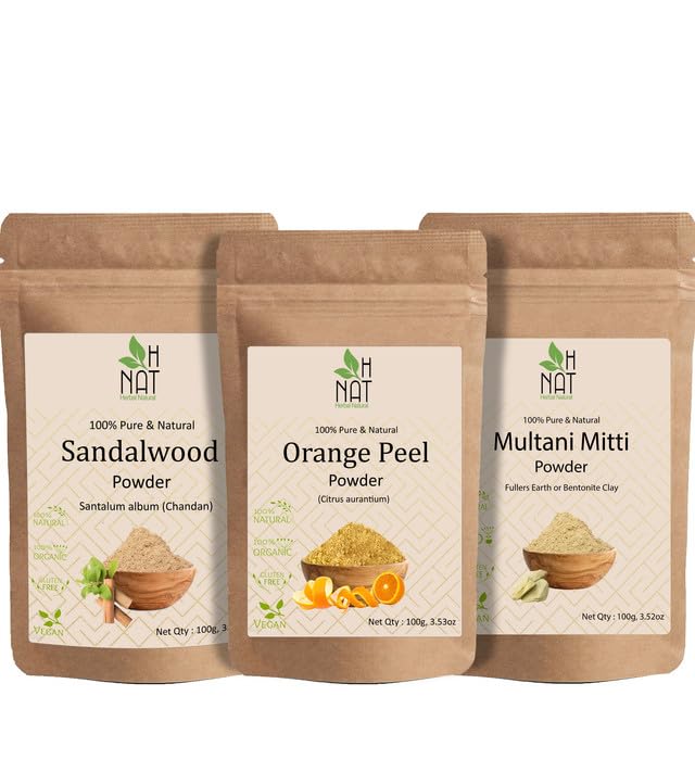 H NAT Sandalwood Powder Original (100g) + Orange Peel Powder For Skin Whitening (100g) + Multani Mitti Powder (100g) Herbal Face Pack Combo Pack of 3 (300gm)