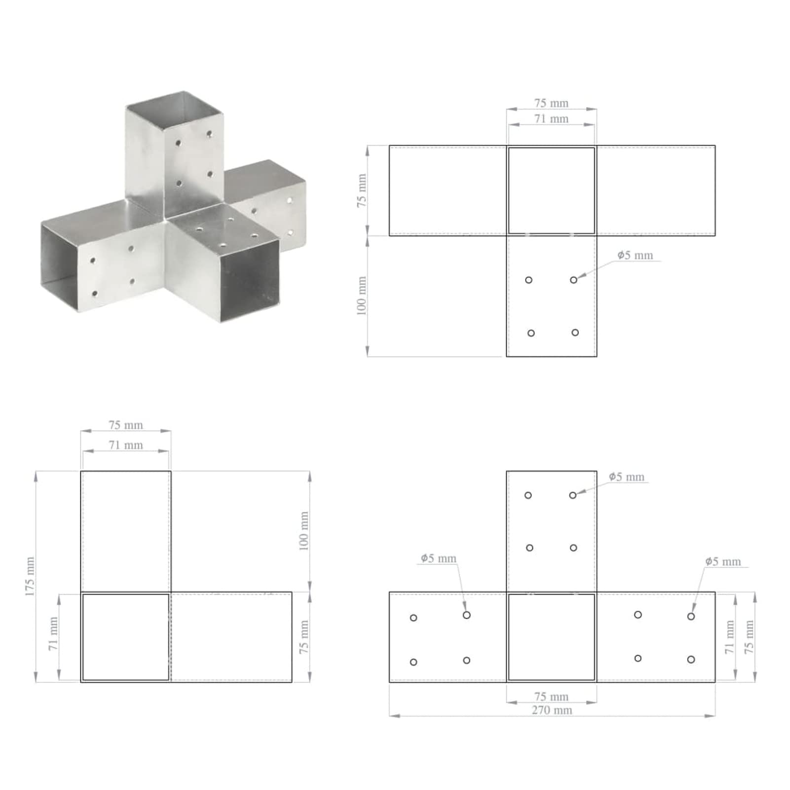 Conectores de Postes en X 4 uds, Anclajes, Postes, Connex, Metal galvanizado 71x71 mm
