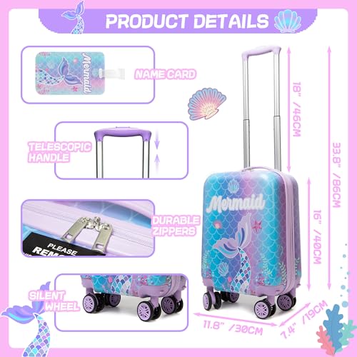 Image of Cute Mermaid Kid's Luggage Set 2 Piece Suitcase Set 16'' Hardside Luggage with Spinner Wheels Girls Travel Rolling Luggage Carry on Luggage Airline Approved