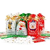 CINECE クリスマス ラッピング 巾着 袋 バッグ プレゼント23×14.5 30枚セット パーティー 用 包む 休日袋 小物袋 包装袋 お菓子 キャンディー リボン付き PE (1)