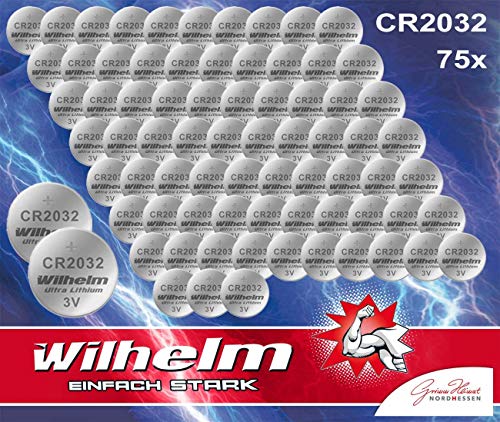 Wilhelm CR2032 Pilas de botón, 75 Unidades, 3 V, CR 2032, Producto Industrial