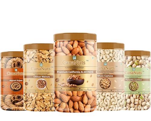 Image of CanaNuts 100% Natural Premium Dry Fruits and Nuts Combo Healthy Cashews, Almonds, Anjeer, Pistachios, Chilean walnuts Kernel, Badam Kaju Pista Akhrot | (150Gm X 5) 750 GM