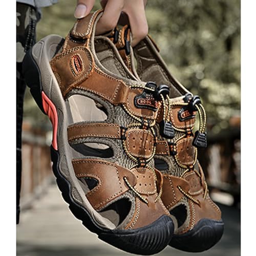 MILDSEVEN Large Size Men's Outdoor Hiking Sandals, Classics Closed Toe Backpacking Sandals, Fashion Breathable Sports Beach Shoes,11.5,Brown3