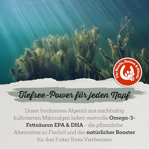 NordicVital Premium Algenöl 100ml für Hunde, Katzen & Pferde – 100% Vegan - Hochkonzentriertes Omega 3, EPA & DHA - Natürliches Barf Öl aus Algen für Fell & Haut – Abgefüllt in Deutschland